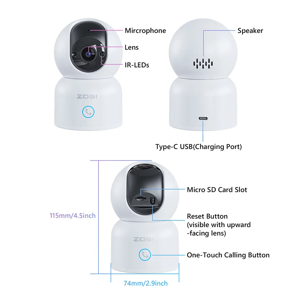 ZOSI C518 Indoor Pan/Tilt Smart Security IP Camera 2K 360° Baby Pet Monitor AI Human Tracking 2.4G/5G WiFi Surveillance Camera