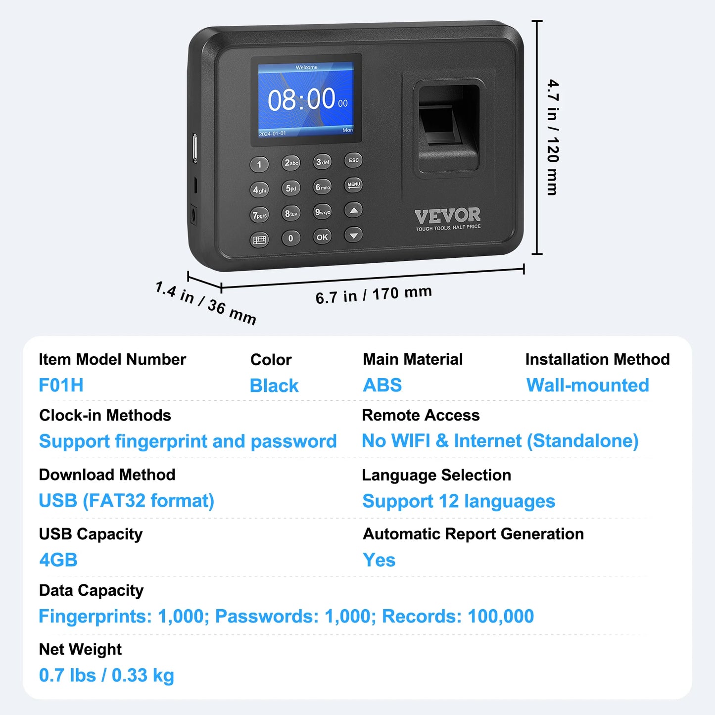 SucceBuy Biometric 5RFID Cards&USB Drive Automatic Time Clock for Employees Small Business Face Fingerprint and PIN Punch In/Out