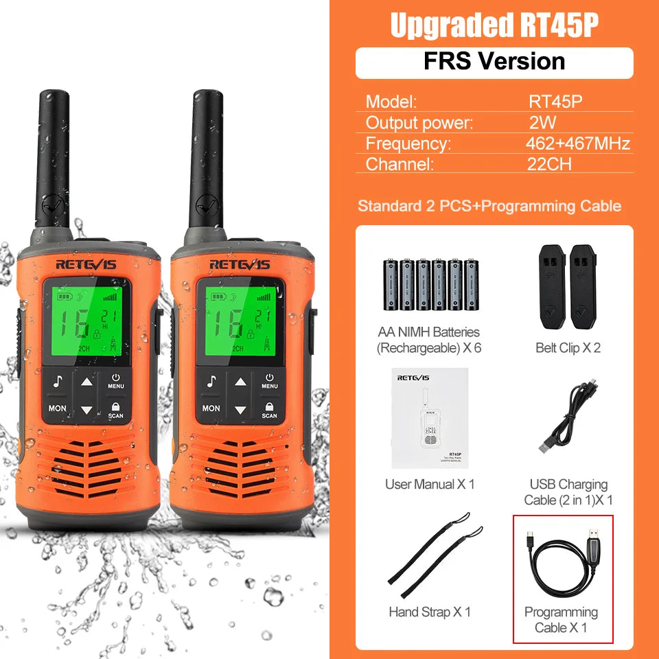 Retevis RT45P IP67 Waterproof Walkie Talkie 2pcs Rechargeable 2-way Radio Receiver PMR446 License Free Type-C for Camping hiking
