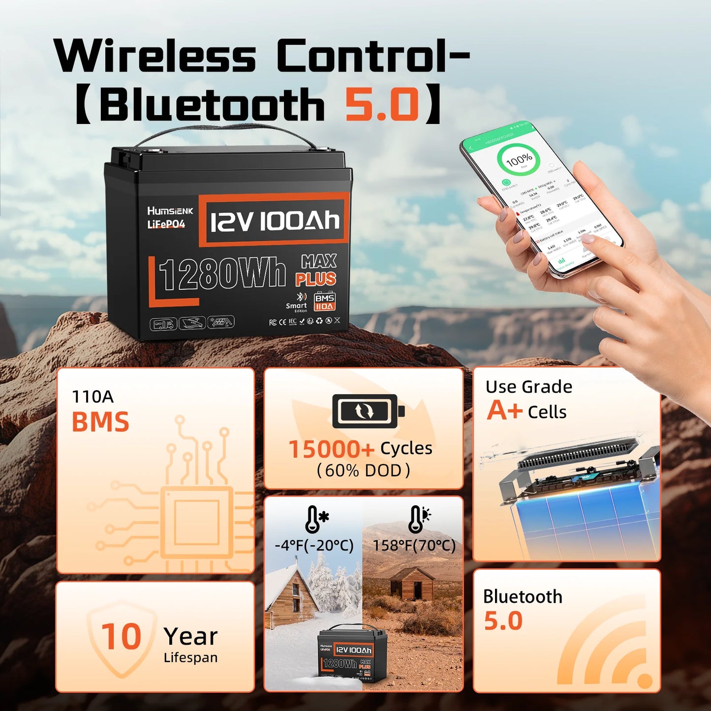 Humsienk 12V 100AH LiFePO4 Lithium Battery With Bluetooth Monitor Battery info 1280Wh For RV, Camper, Golf Cart, Trolling Motor