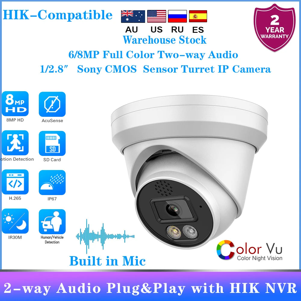 Hikvision Compatible 6/8MP Full Color Two-way Audio Turret IP Camera Vehicle Human Detection IP66 Outdoor Security Surveillance