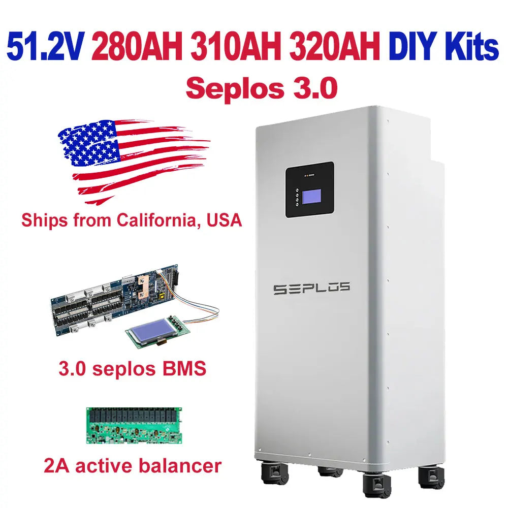 US Stock 3.0 Seplos 51.2V 280AH 310AH 320AH Lifepo4 Battery Kits CAN RS485 BMS 2A Active Balancer DIY Case Home Solar