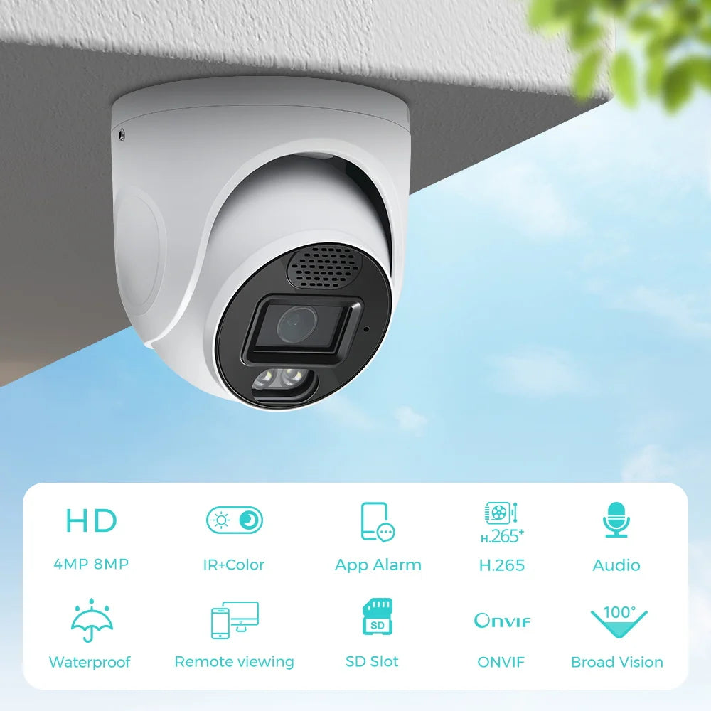 POE 4K 8MP IP Camera Outdoor Wide Angle 2.8mm Audio Onvif H.265 AI Humanoid detection Home CCTV Surveillance Camera SD Card Slot