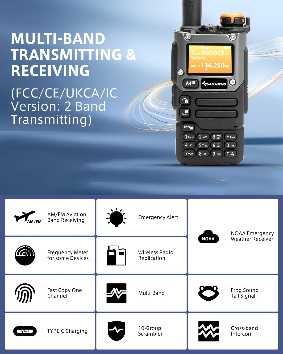 Quansheng UV-K6 Walkie Talkie 5W Air Band Radio Tyep C Charge UHF VHF DTMF FM Scrambler NOAA Wireless Frequency Two Way CB Radio