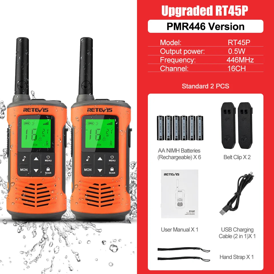 Retevis RT45P IP67 Waterproof Walkie Talkie 2pcs Rechargeable 2-way Radio Receiver PMR446 License Free Type-C for Camping hiking