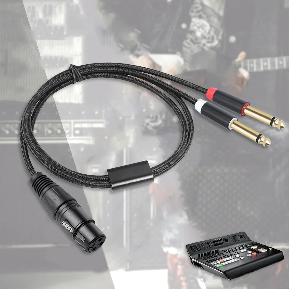 Gold Plated 3 Pin XLR Female To Dual 6.35mm Mono TS Male Cable for Microphone Mixer Amplifier 1 to 3 Meter Options