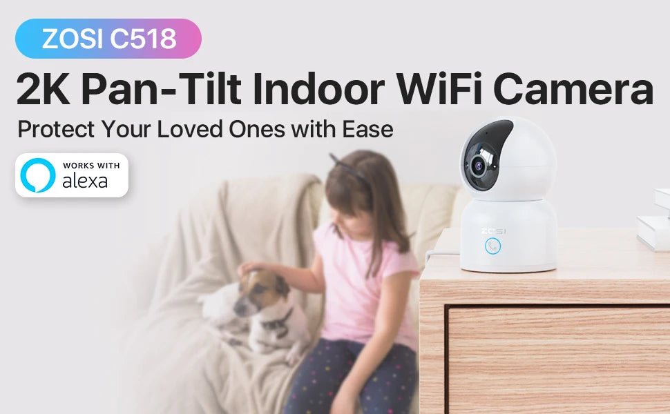 ZOSI C518 Indoor Pan/Tilt Smart Security IP Camera 2K 360° Baby Pet Monitor AI Human Tracking 2.4G/5G WiFi Surveillance Camera