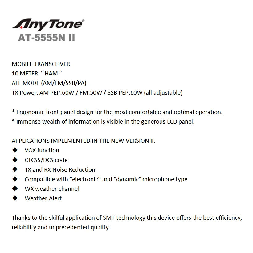 New ANYTONE AT-5555N II 28.000-29.700MHz Radio Receiver 40 Channel Mobile AM/FM/SSB Mobile Receiver 11m Radio station