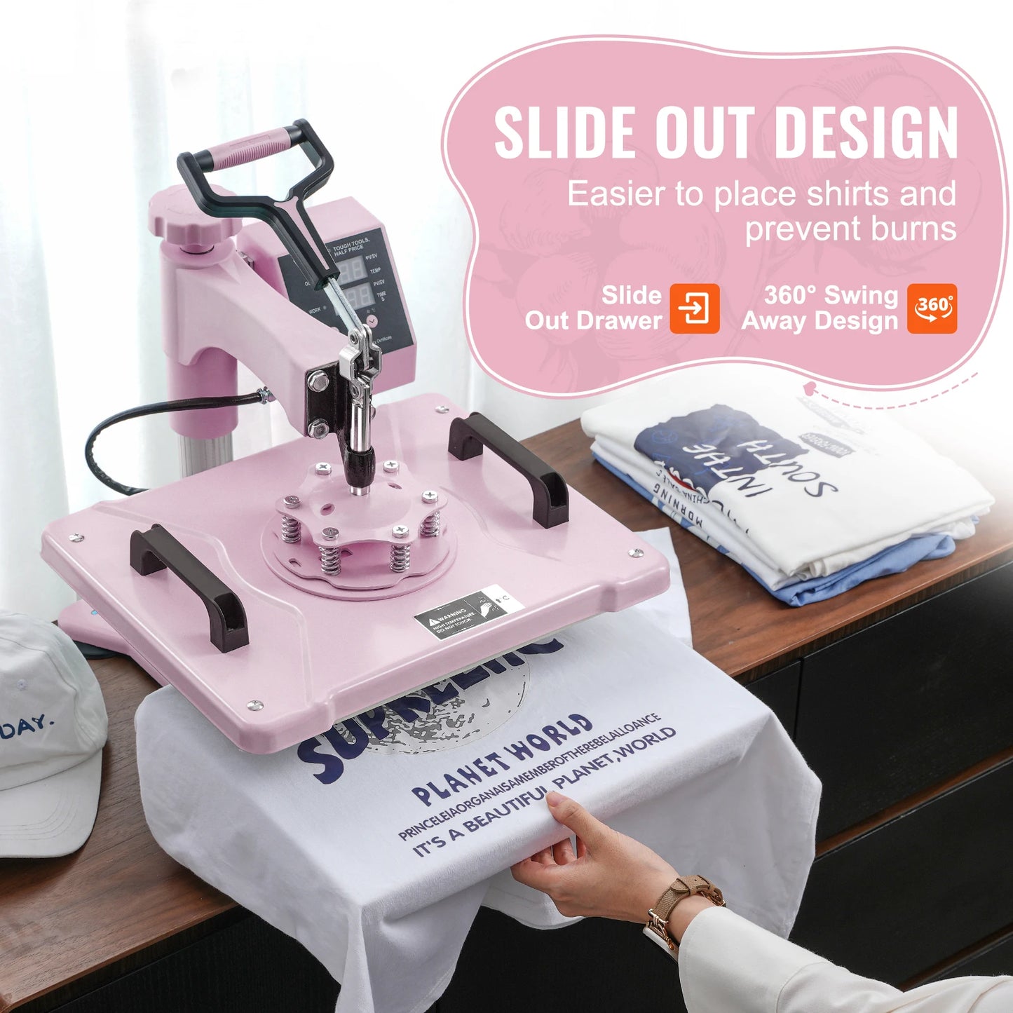 SucceBuy Heat Press Machine 12x15 inch  8 in 1 Heat Transfer Machine 360° Swing Away T-Shirt for T-Shirts/Mugs/Hats/Plates Pink