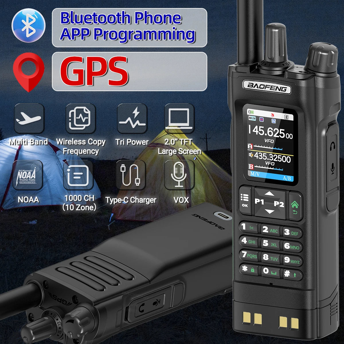 Walkie Talkie Baofeng UV-32 Multi Band 10W GPS Bluetooth Programming Amateur AM Two Way Radio with 2.0" Screen Type-C Ham Radio