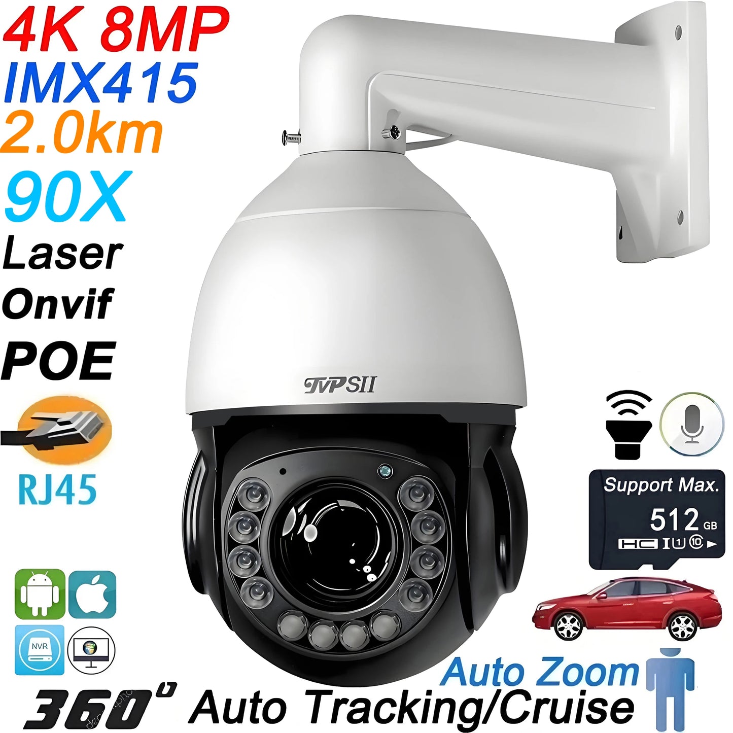 Metal Onvif Laser Infrared Auto Tracking Cruise 8MP 4K 90X Optical Zoom 360° Audio POE PTZ Surveillance Speed Dome IP Camera