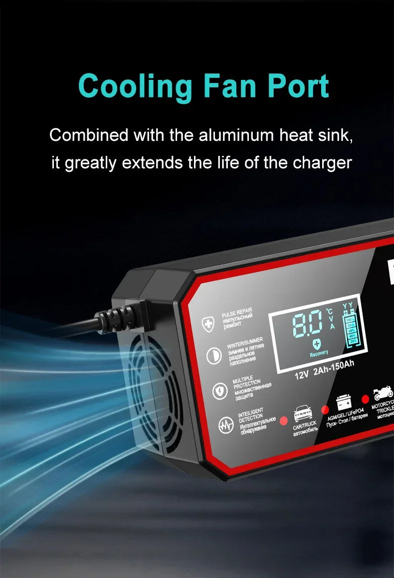 EAFC 8A 12V Car Battery Charger Charger for Motorcycle Lithium LiFePO4 Lead-Acid AGM Gel WET Automatic Pluse Repair Charger