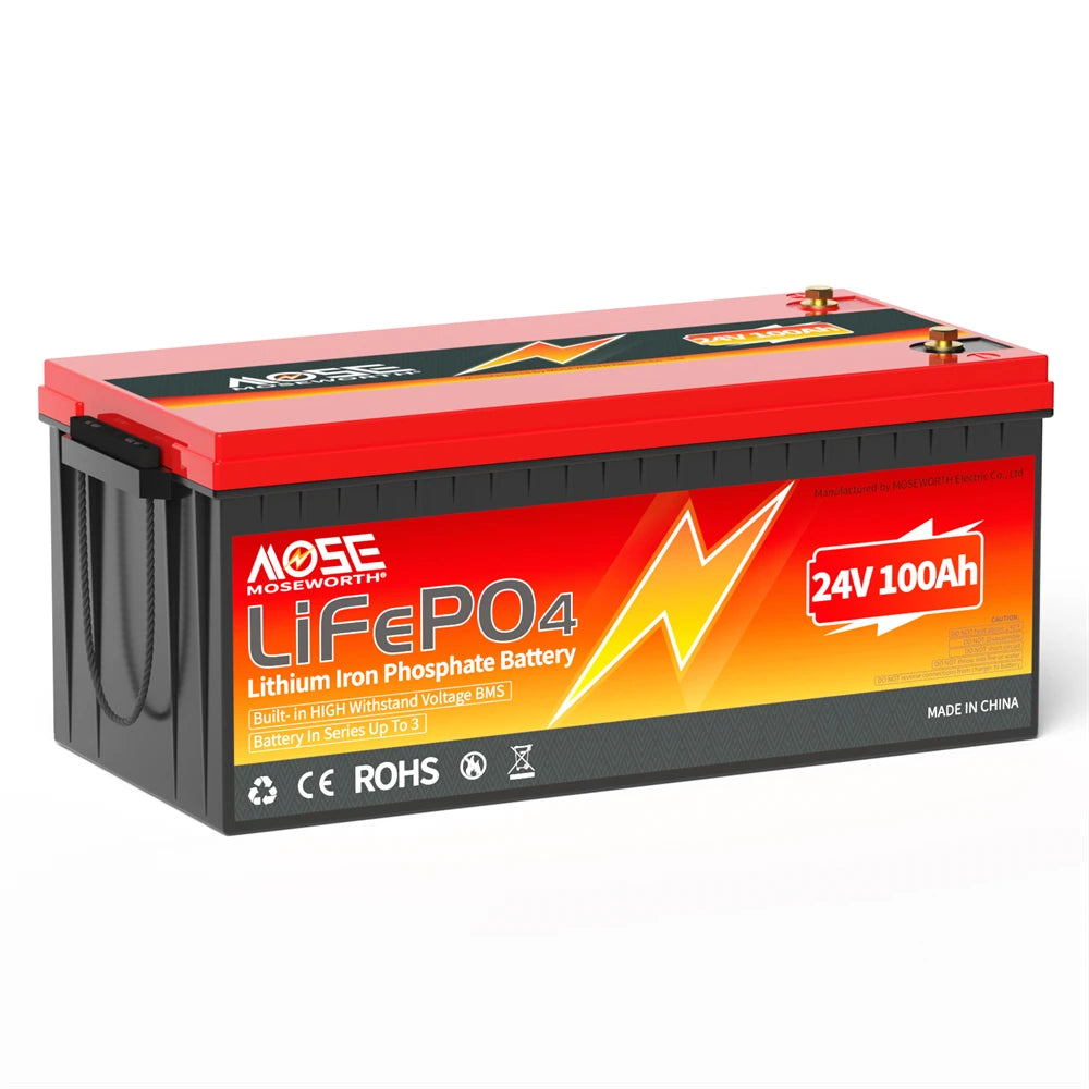 MOSEWORTH 24V 100Ah LiFePO4 Lithium Battery with 100A BMS 8000+ Deep Cycles Rechargeable Batteries for  Campers Trolling Motor