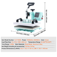 VEVOR Heat Press 12x10inch 360°Swing Away T-Shirt Fast Even Heating Digital Precise Control Heat for T-Shirts Pillows Bags Green