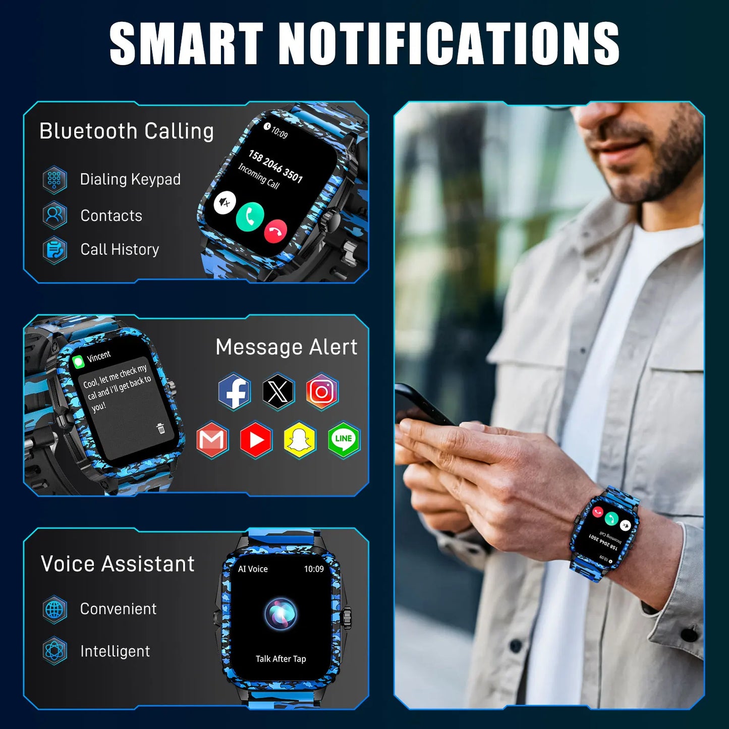 LaNikar Smart Watch 3ATM Waterproof Men 1.96" KT71 Fitness Tracker Heart Rate Bluetooth Call Camouflage Color Original Design