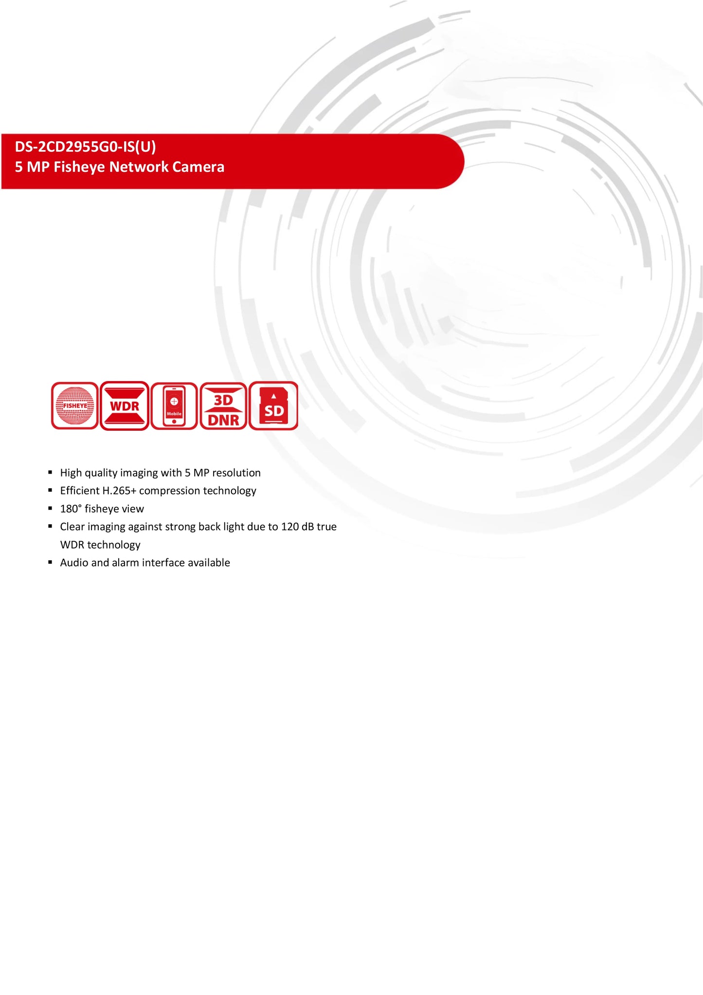 Hikvision 5MP Fisheye IP Camera DS-2CD2955G0-ISU 180° Fisheye View Built-In Mic SD Card Slot Audio and Alarm Video Surveillance