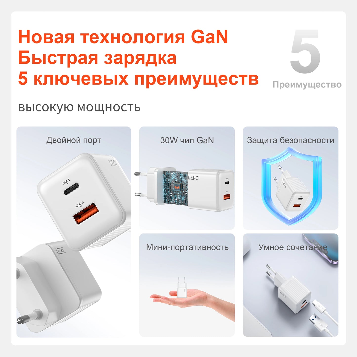 QERE Fast Charger PD 30W GaN Phone Universal Adapters EU Plug Safe Type C USB Intelligent Lightning Fast Charging Mini Portable