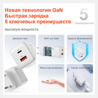 QERE Fast Charger PD 30W GaN Phone Universal Adapters EU Plug Safe Type C USB Intelligent Lightning Fast Charging Mini Portable