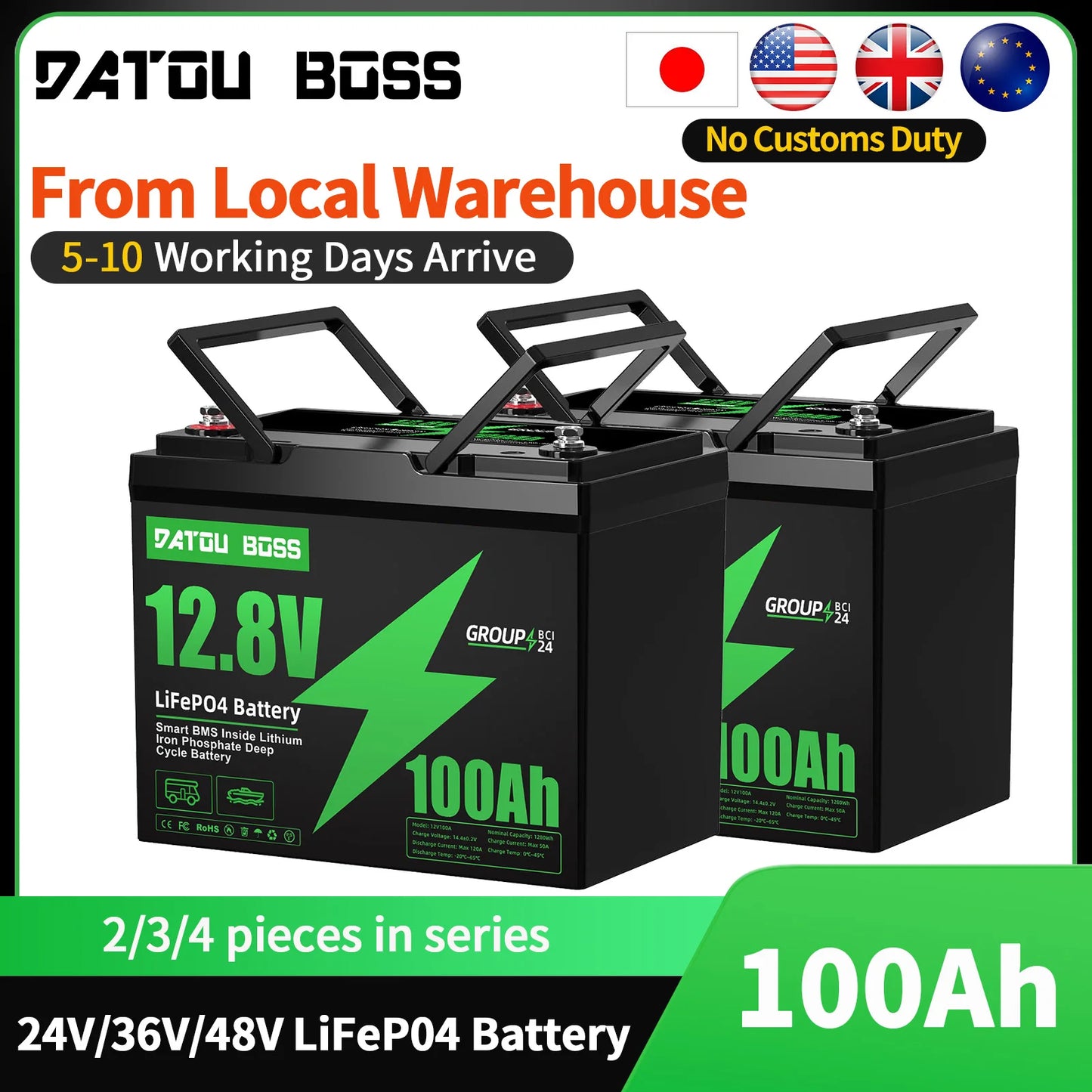 DATOUBOSS 24V 36V 48V 100Ah 1280Wh Lithium Battery Lifepo4 Built-in Smart BMS Max Charge Current 50A