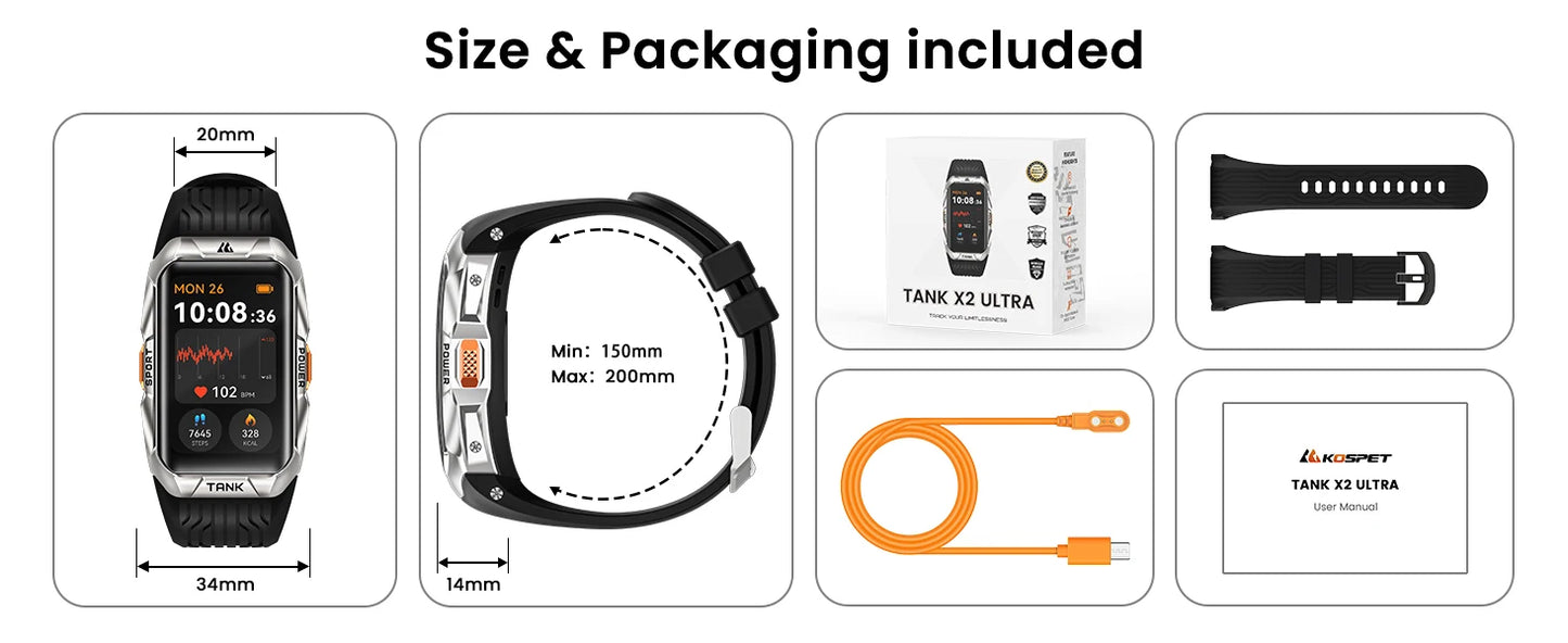 KOSPET TANK X2 Ultra GPS Smart Watch For Men 3D Curved Screen 60 Days Battery Compass Altimeter IP69K 5ATM Waterproof BT Call