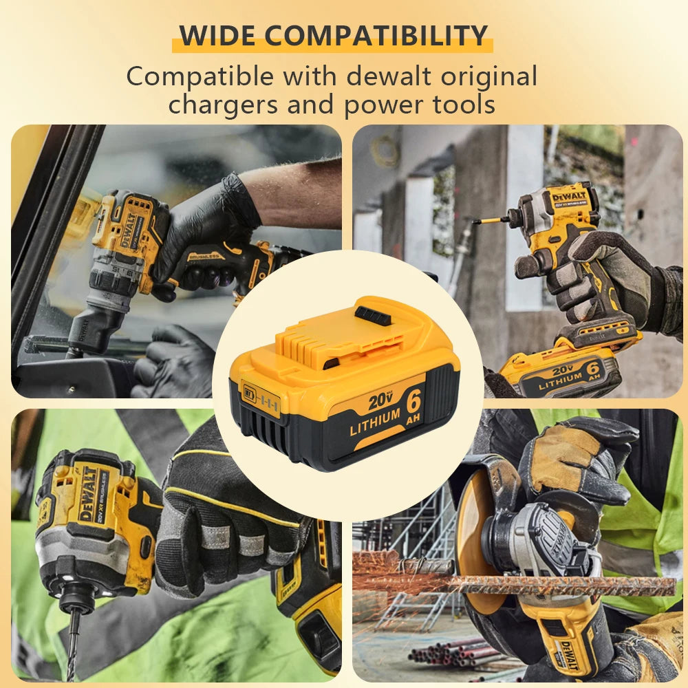 For Dewalt Cordless Tools 6.0Ah 20V Lithium-Ion Replacement Batteries - Compatible with DCB200, DCB205, DCB206 & More