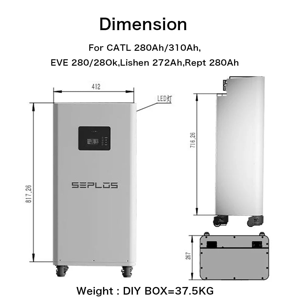 US Stock 3.0 Seplos 51.2V 280AH 310AH 320AH Lifepo4 Battery Kits CAN RS485 BMS 2A Active Balancer DIY Case Home Solar