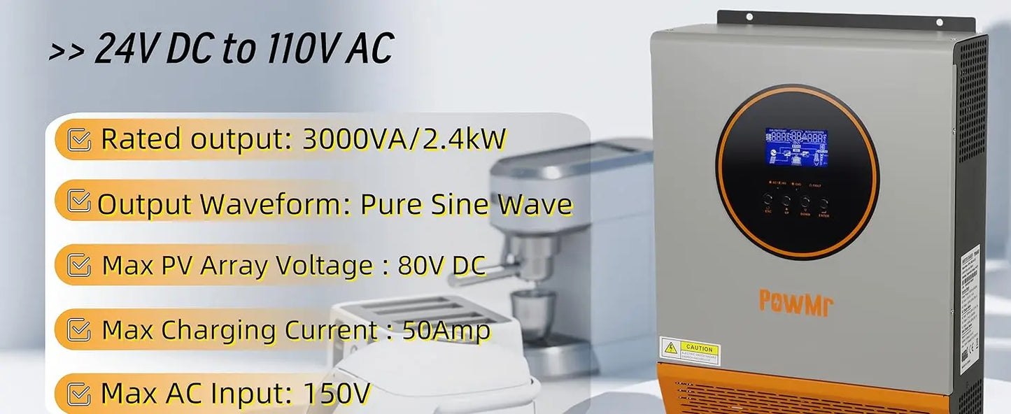 PowMr 2400W Pure Sine Wave Inverter 24VDC to 110V/120VAC 50A PWM Charging Controller Max PV 80VDC Solar Inverter Off-grid System