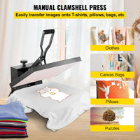 VEVOR Heat Press Machine 15" x 15"  / 16" x 20" / 16" x 24" Sublimation Printer Manual Clamshell Transfer on DIY T-shirt Pillow
