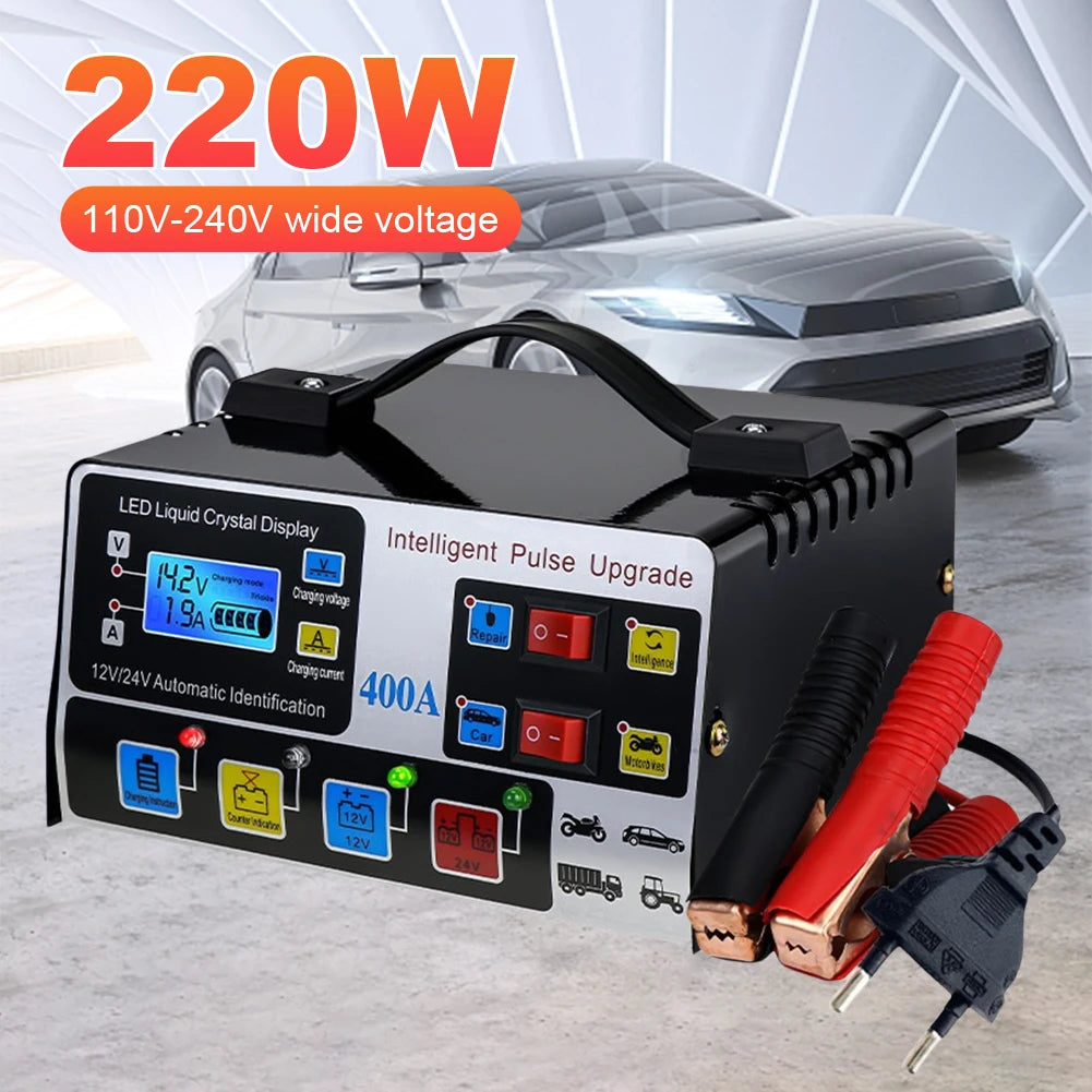 400A Heavy Duty Smart Battery Charger LCD Display Car Battery Charger 12/24V Intelligent Pulse Repair Charger High Power