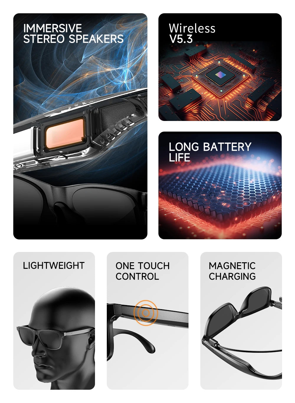 New smart glasses, support voice call, listen to music, touch operation, fashion wear, sunglasses lenses eye protection