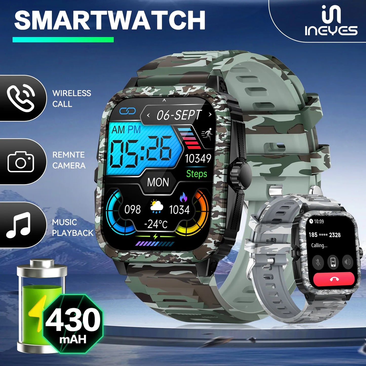 LaNikar Smart Watch 3ATM Waterproof Men 1.96" KT71 Fitness Tracker Heart Rate Bluetooth Call Camouflage Color Original Design