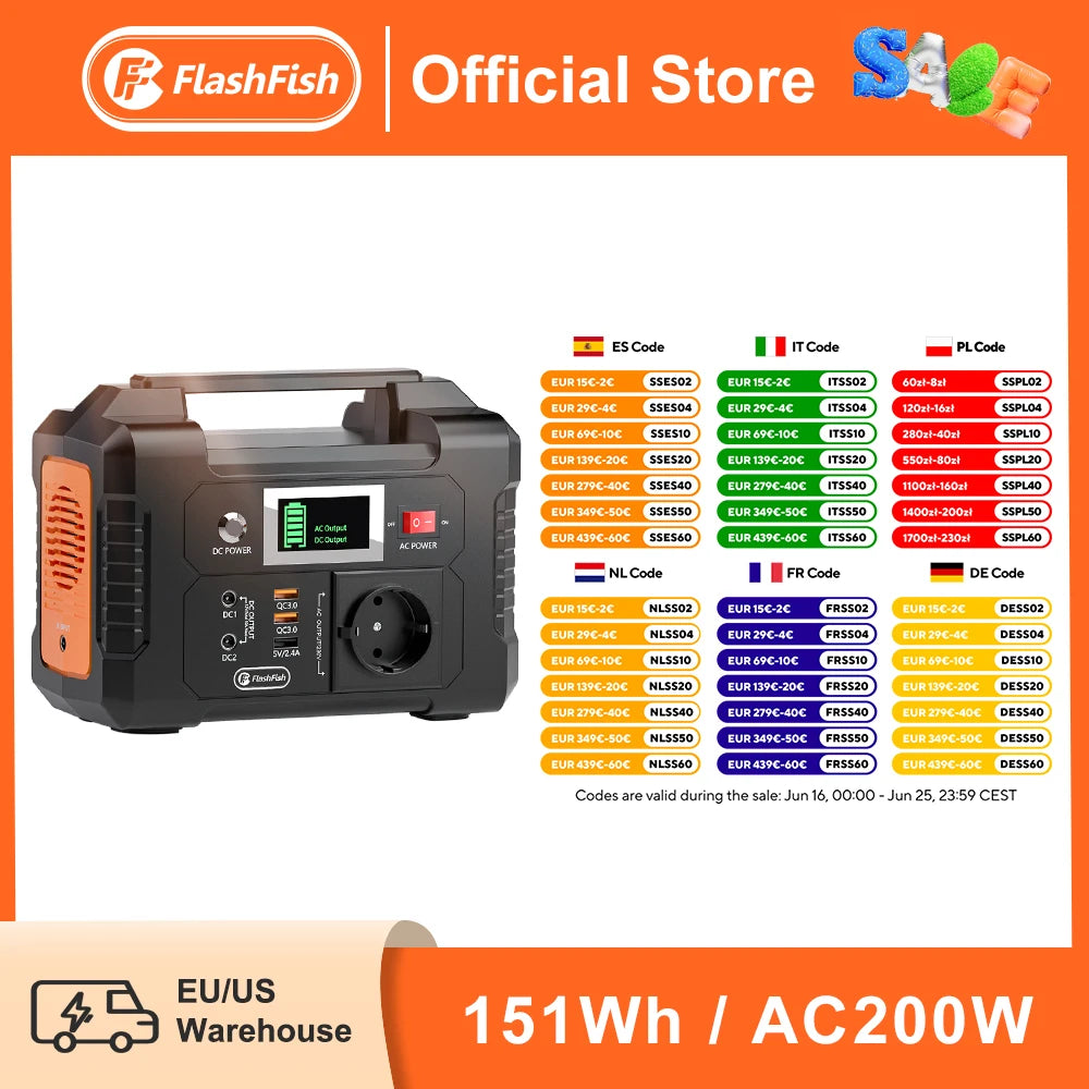 FF Flashfish 200W Portable Power Station 151Wh Solar Generator 230V AC DC Batteries Supply Outdoor Battery for Solar Panel Drone