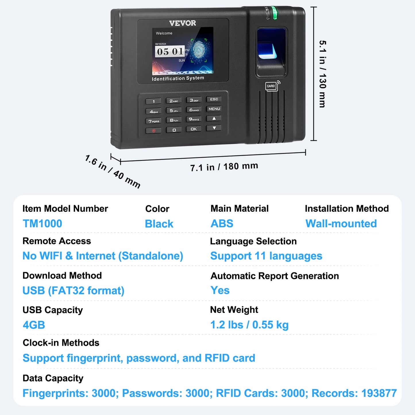 SucceBuy Biometric 5RFID Cards&USB Drive Automatic Time Clock for Employees Small Business Face Fingerprint and PIN Punch In/Out