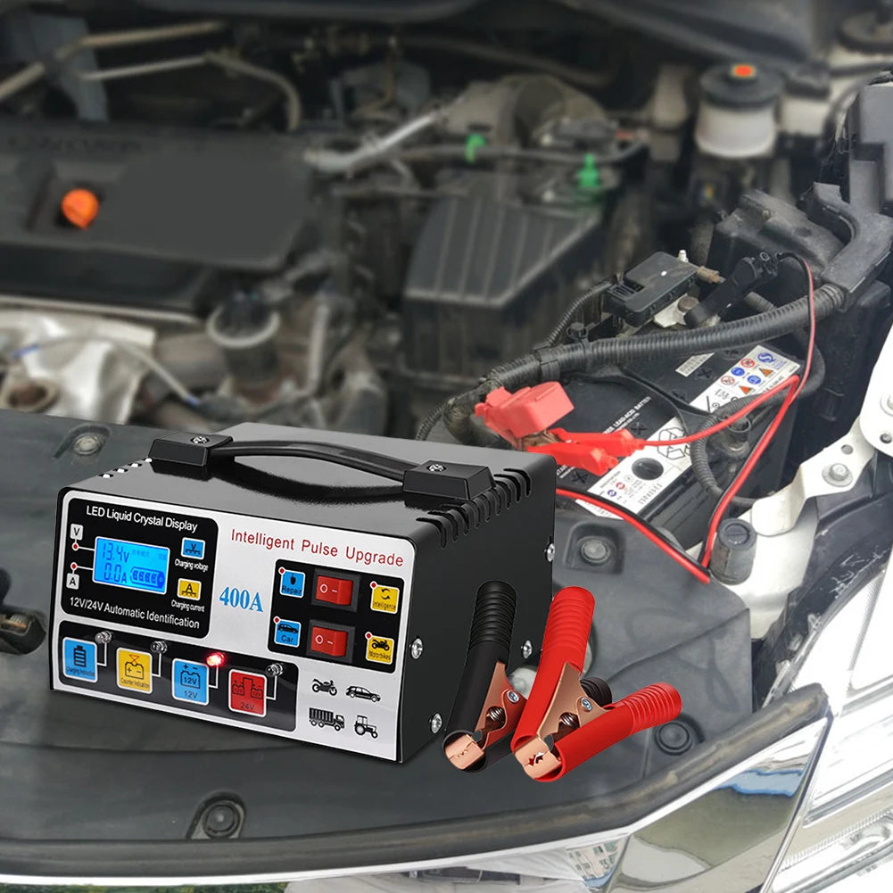 400A Heavy Duty Smart Battery Charger LCD Display Car Battery Charger 12/24V Intelligent Pulse Repair Charger High Power
