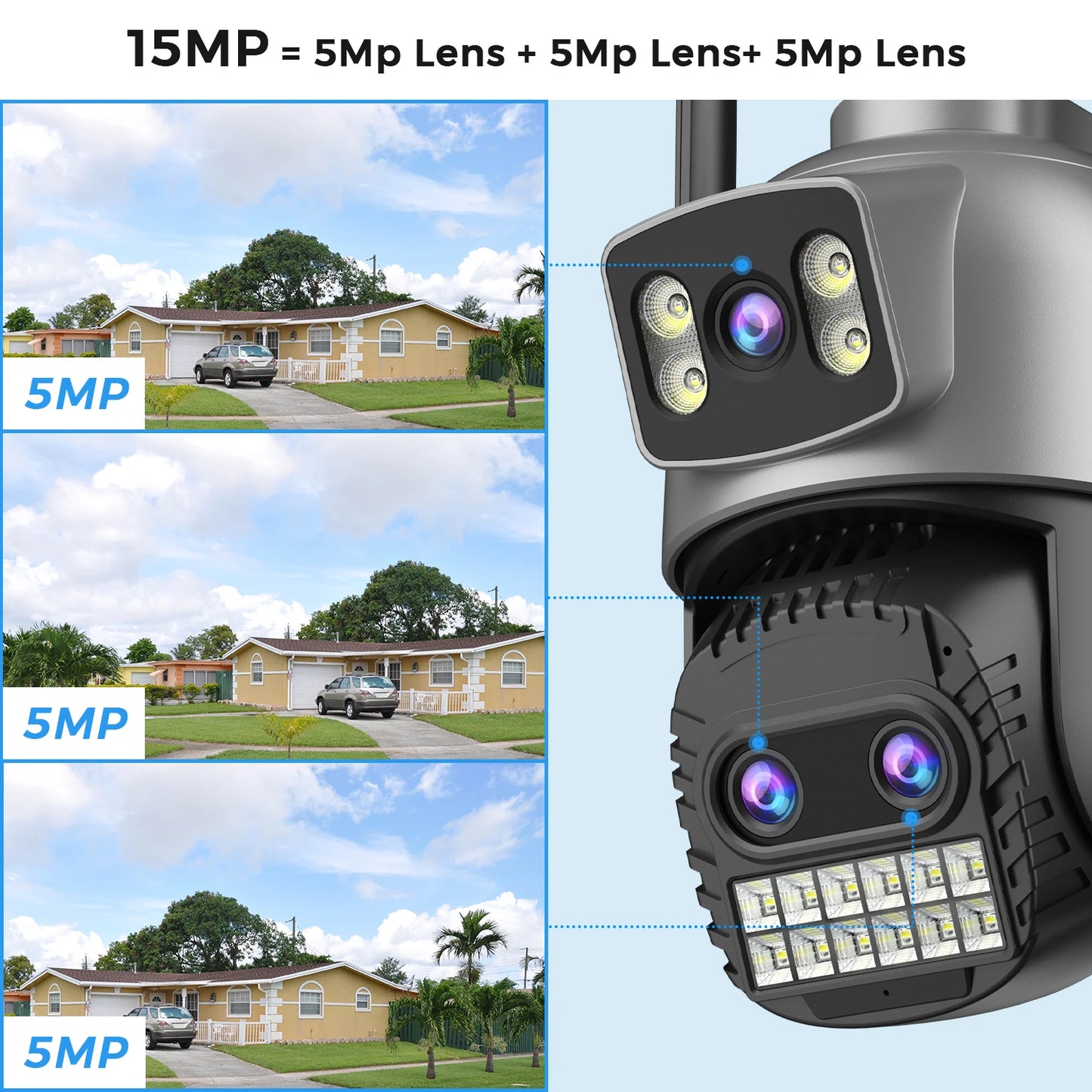 6K 15MP HD IP Camera Outdoor Three-Lens External WiFi Camera 4K 8MP Dual Screen Security PTZ Cam Auto Tracking Surveillance