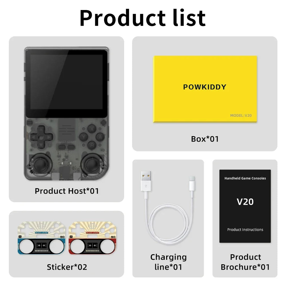 POWKIDDY V20 Retro Video Handheld Game Console 3.5-Inch IPS HD Screen Dual Card slot 5000mAh Lithium Battery Retro Game Stickers