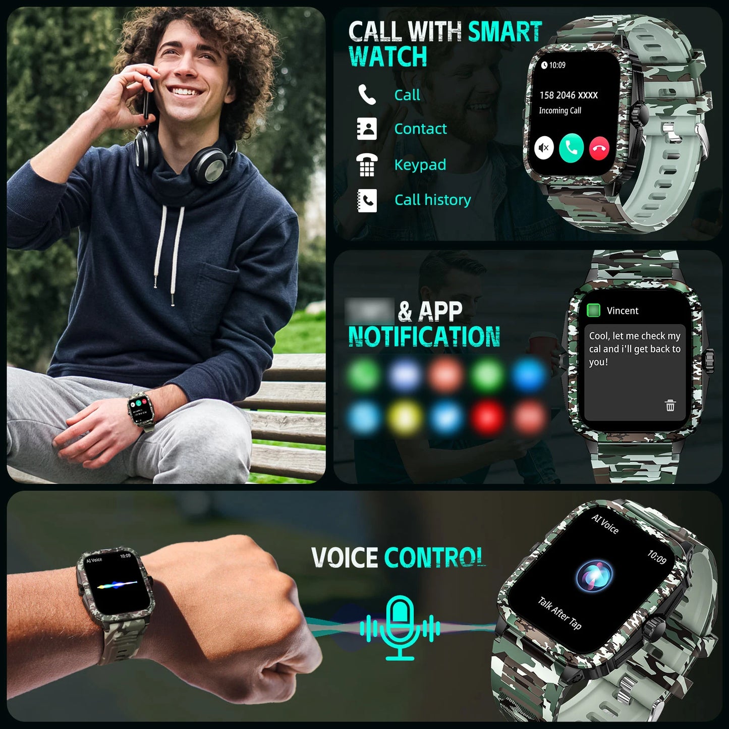 LaNikar Smart Watch 3ATM Waterproof Men 1.96" KT71 Fitness Tracker Heart Rate Bluetooth Call Camouflage Color Original Design