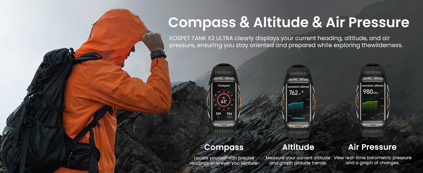 KOSPET TANK X2 Ultra GPS Smart Watch For Men 3D Curved Screen 60 Days Battery Compass Altimeter IP69K 5ATM Waterproof BT Call