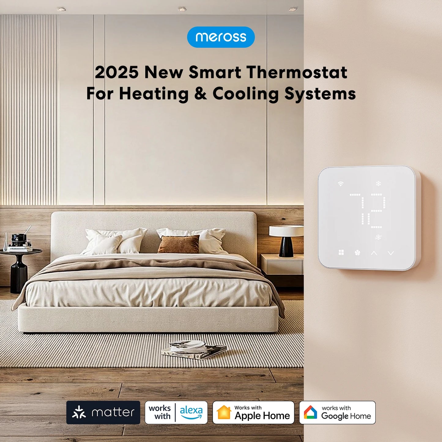 Meross 2025 NEW Matter Smart US 24V Wi-Fi Thermostat Compatible Heating and Cooling Systems Shipping from US