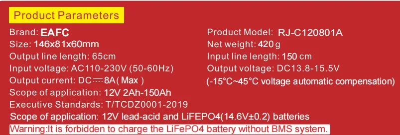 EAFC 8A 12V Car Battery Charger Charger for Motorcycle Lithium LiFePO4 Lead-Acid AGM Gel WET Automatic Pluse Repair Charger