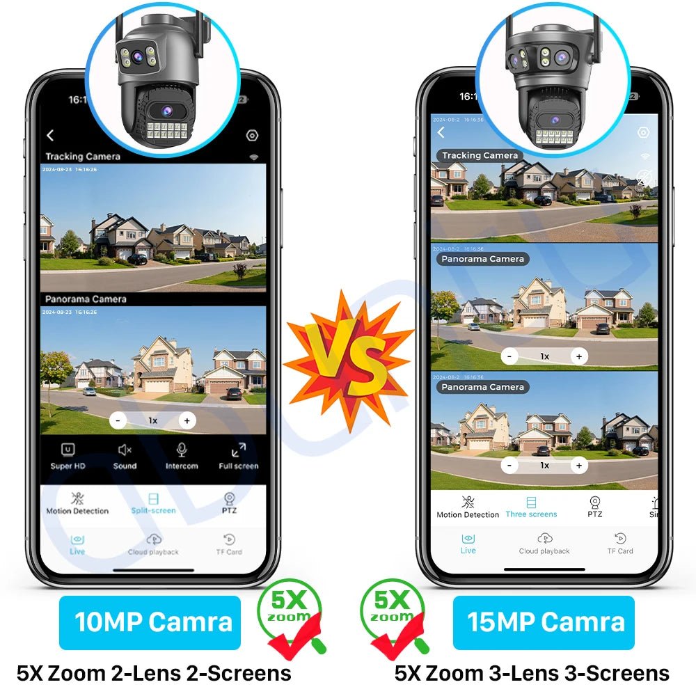 15MP 8K Wifi Camera Outdoor Three Lens Three Screens HD Wifi Security Camera Ai Human Detection PTZ 4K Home Surveillance Camera