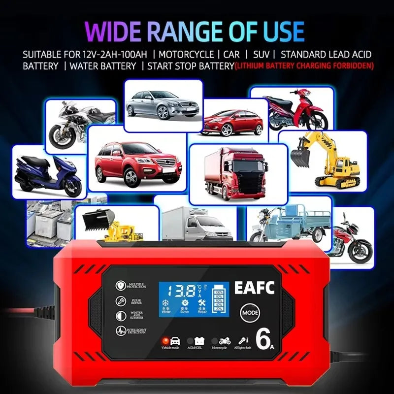 Large Screen Car Battery Charger 6A 12V Car and Motorcycle Battery Charging Device Lead-acid Battery Smart Repair LCD Display