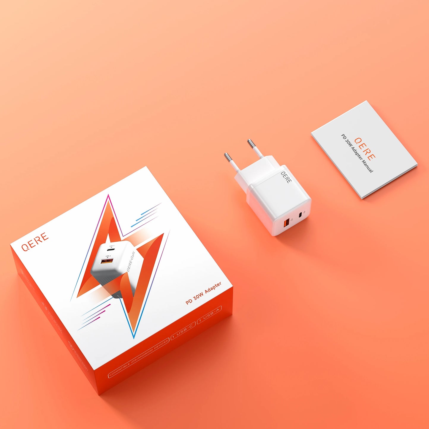 QERE Fast Charger PD 30W GaN Phone Universal Adapters EU Plug Safe Type C USB Intelligent Lightning Fast Charging Mini Portable