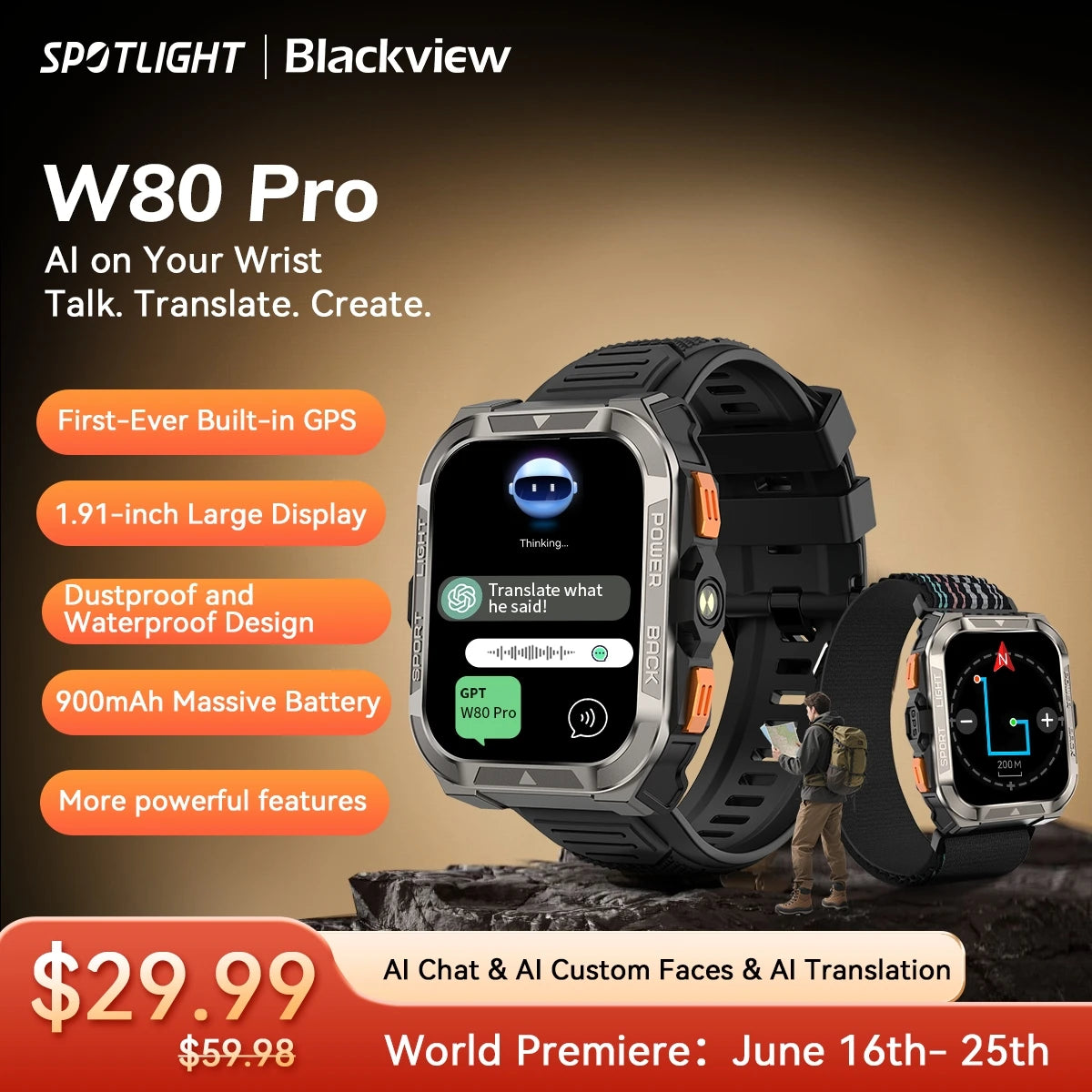 [World premiere]Blackview W80 PRO Outdoor Rugged Smart Watch, GPS Position Smartwatch, 1.91‘’ Display, 900mAh with Flashlight