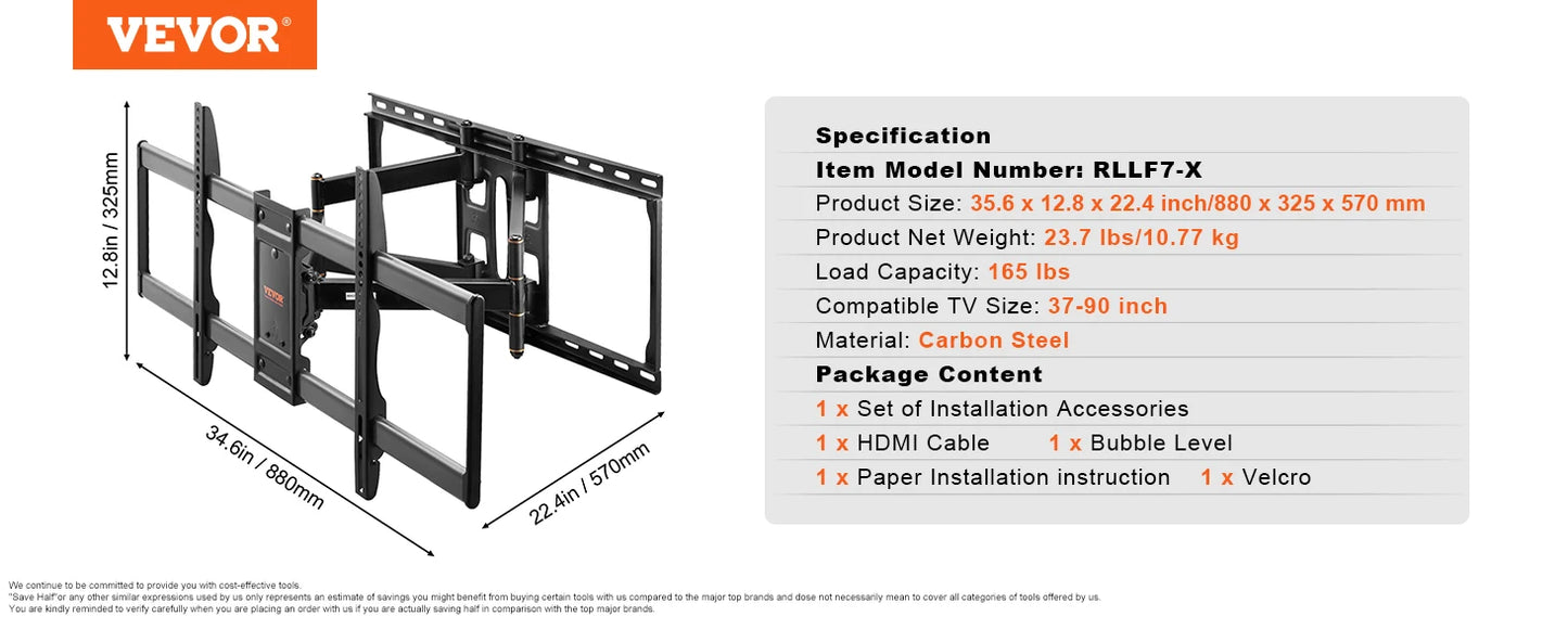 VEVOR Full Motion TV Mount Fit for Most 26-90in TVs Swivel Tilt Horizontal Adjustment TV Wall Mount Bracket W/ Articulating Arms