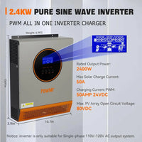 PowMr 2400W Pure Sine Wave Inverter 24VDC to 110V/120VAC 50A PWM Charging Controller Max PV 80VDC Solar Inverter Off-grid System