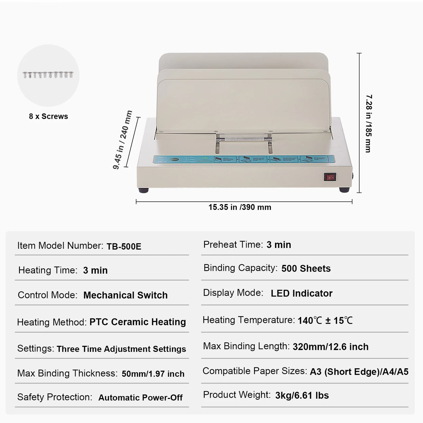 VEVOR Thermal Binding Machine 500 Sheets 50mm Binding Thickness A3(Short Edge)/A4/A5 Document with Infrared Optical Detection