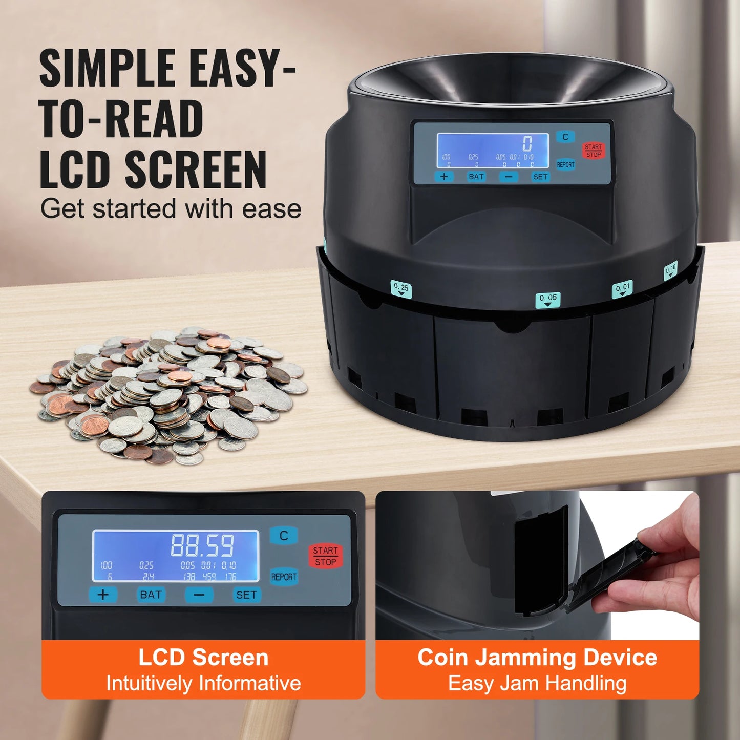 SucceBuy 230/300Coins/Min USD Coin Sorter Counter Professional Electric Automatic Machine LED Display for School Shop Bank Black