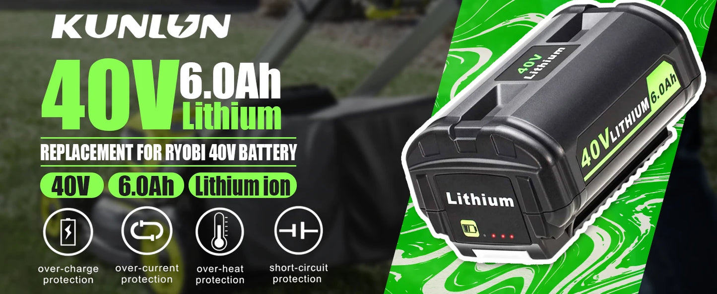 KUNLUN For Ryobi 6.0Ah 40V Li-ion Battery For OP40401 OP4050A OP4050 RY40502 RY40200 Cordless Power Tools Rechargeable Battery