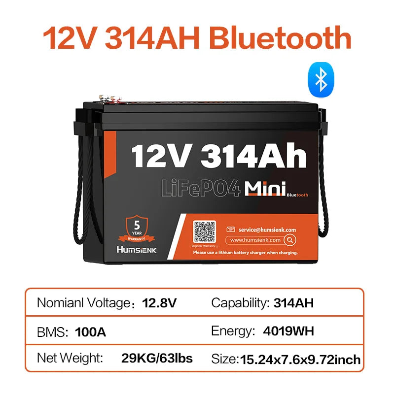 Humsienk 12V 20Ah 100Ah 200Ah 314Ah LiFePO4 Battery Rechargeable Cells 15000 Cycle BMS For RV/ Vans/ Camping/ Home Storage/Solar